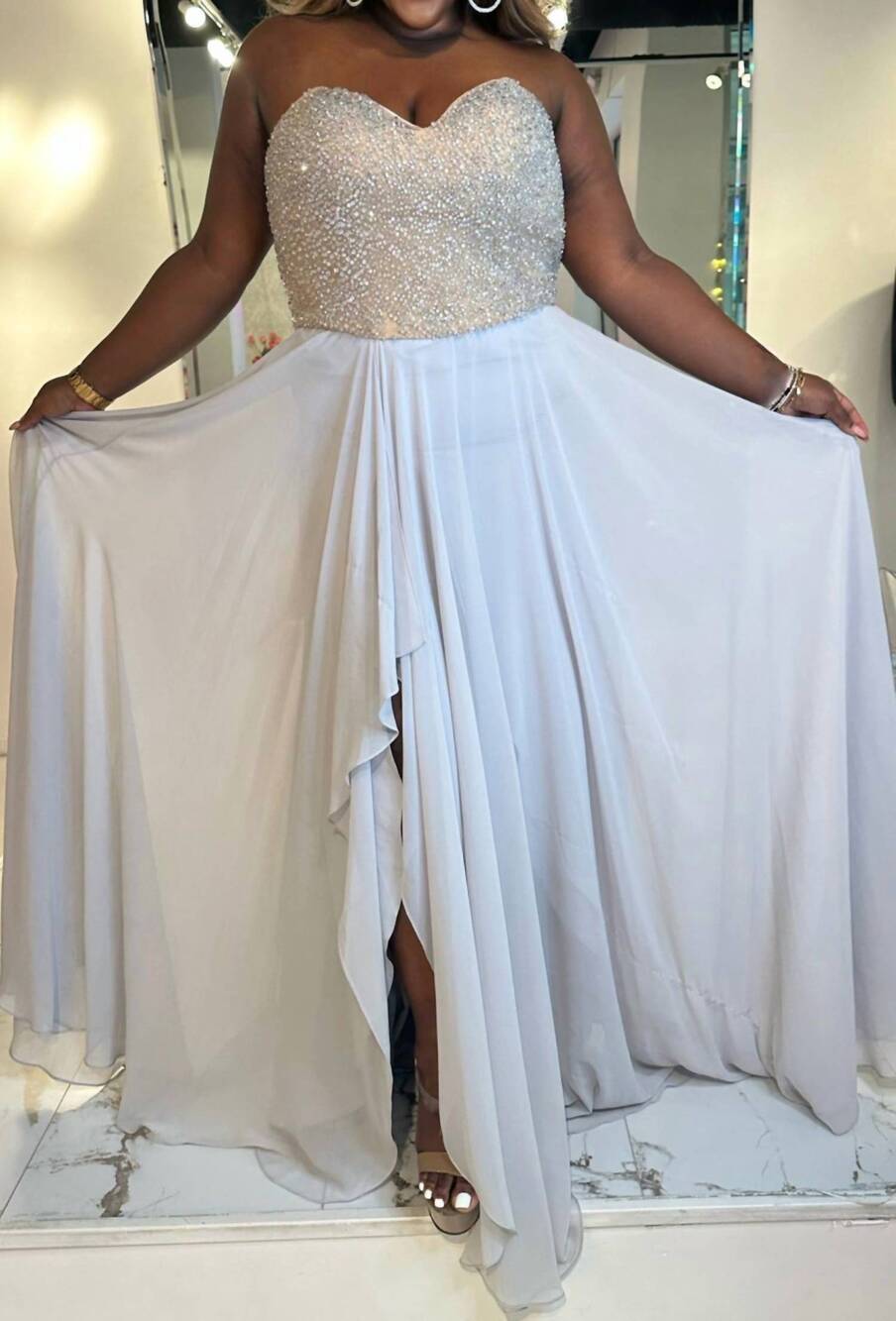 NEW TERANI COUTURE sweetheart neck maxi dress in silver